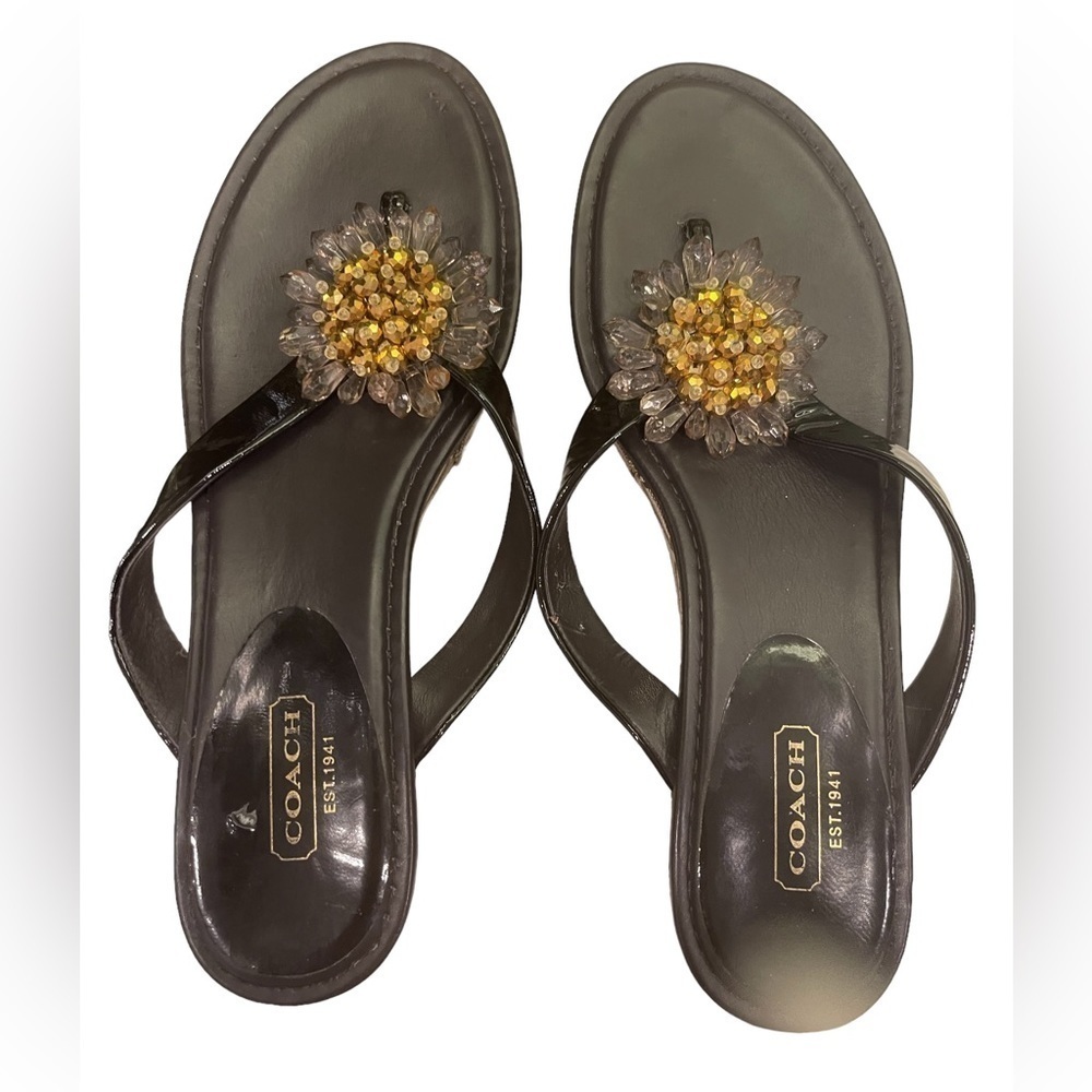 COPY - Coach dark brown wedge sandals with decorative flower in gold and clear …